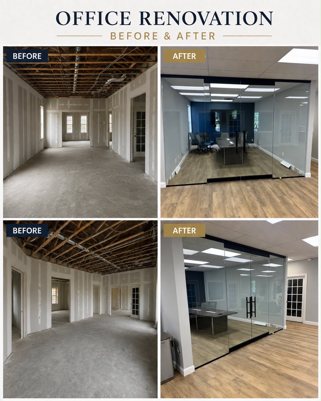 Before and after of an office renovation with glass partition conference room and wood-look flooring