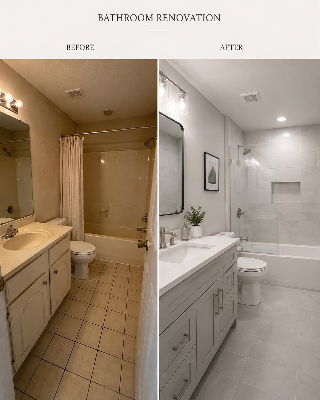 Before and after of a bathroom renovation with new vanity, tile floor and tiled tub surround