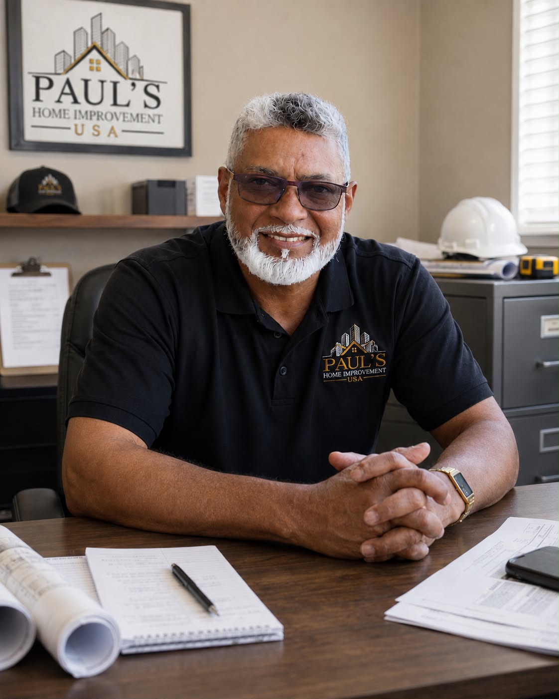 Owner of Paul's Home Improvement USA at his desk